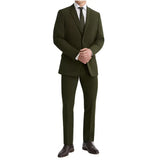 Notch lapel detail on men’s olive green suit