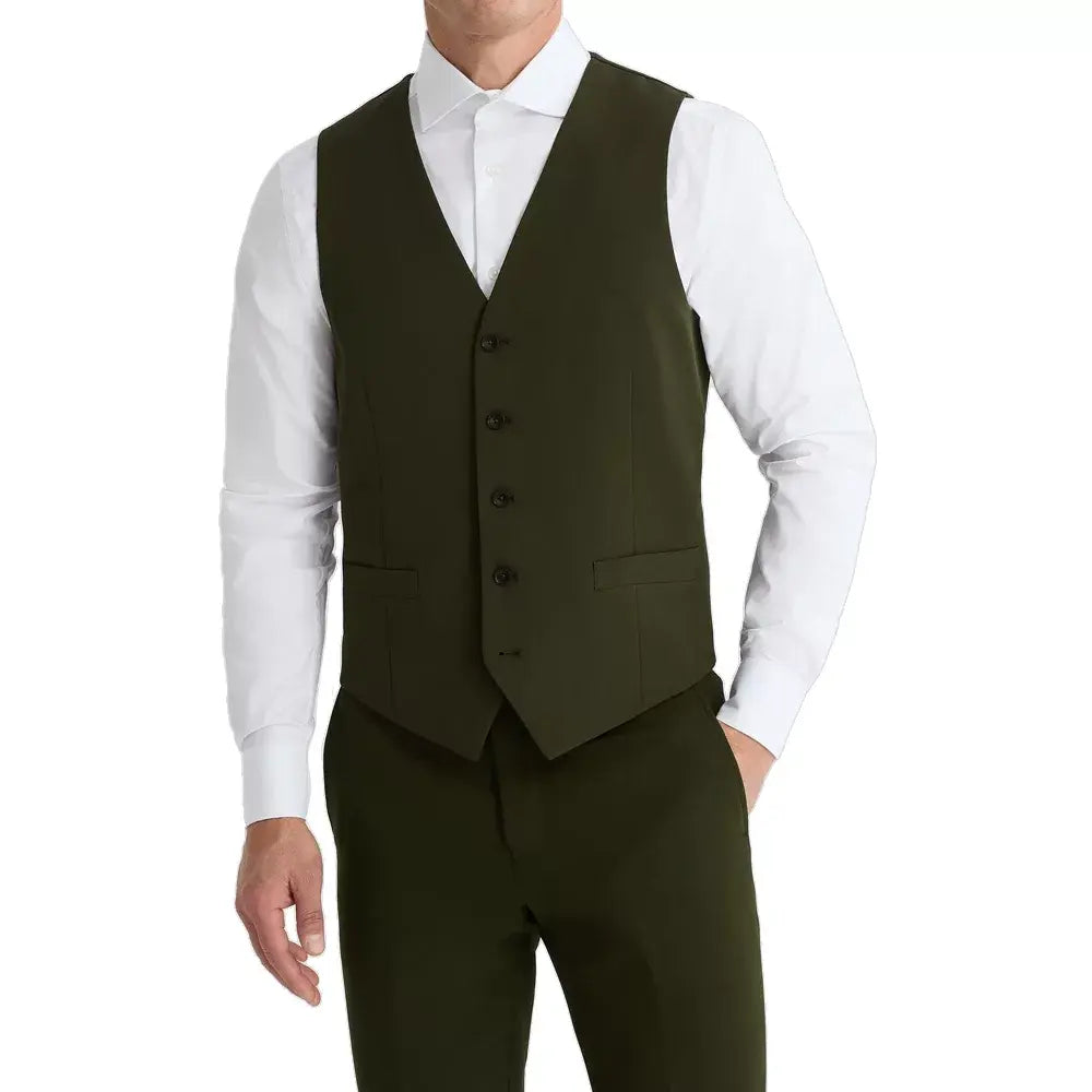 Olive green three-piece men's suit including a matching waistcoat, formal blazer, and tailored pants