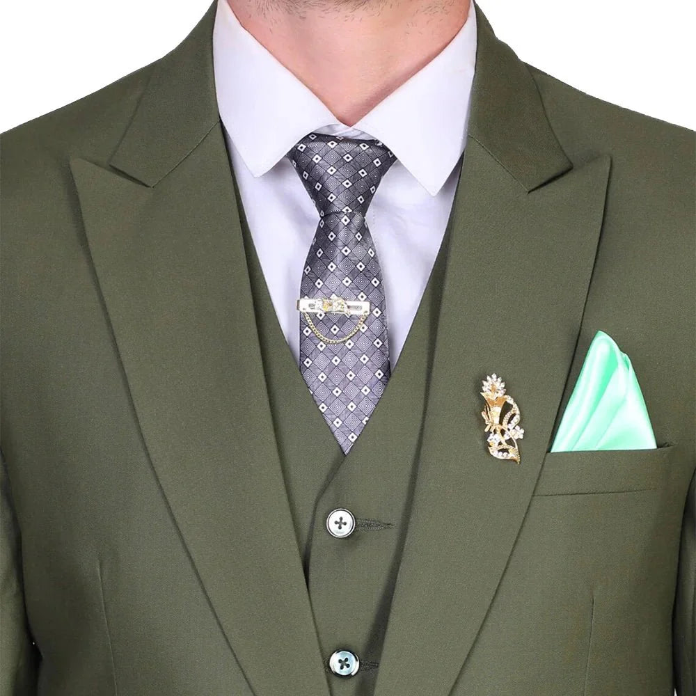 Three Piece Olive Green Suit Men's Trendy Jacket Three Piece Olive Green Suit Men's Trendy Jacket