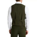 Olive green suit vest with V-neck design, button closure, and jetted pockets for a refined formal look.