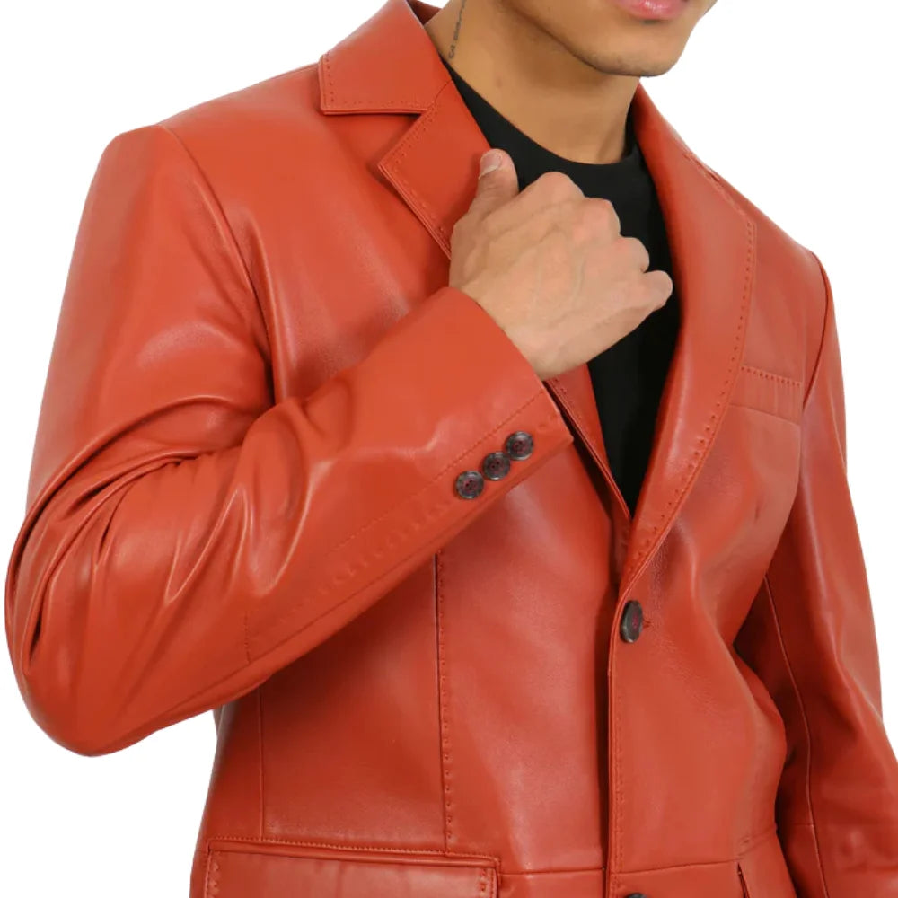 Men’s Notch Lapel Burnt Orange Leather Blazer Jacket