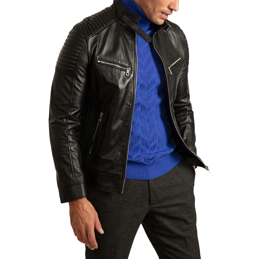 Mens Signature Black Leather Cafe Racer Motorcycle Jacket