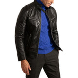 Mens Signature Black Leather Cafe Racer Motorcycle Jacket