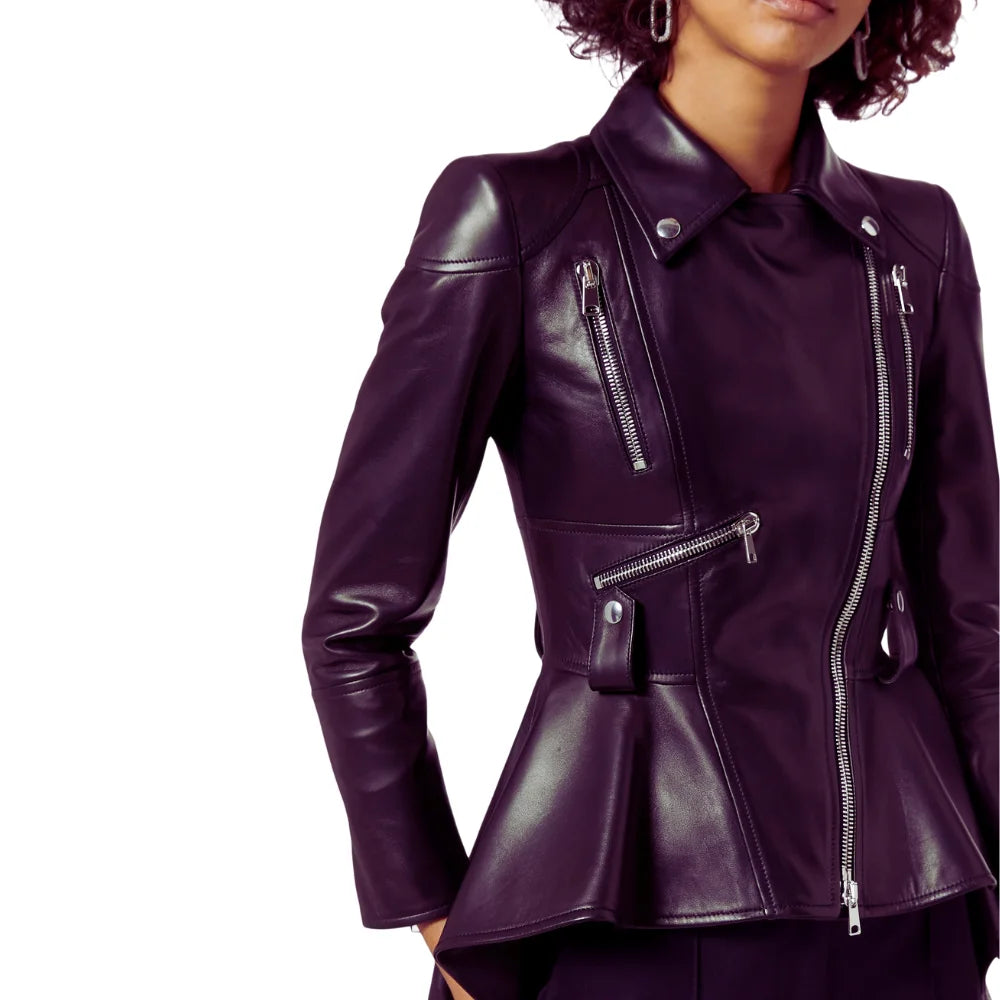 Women's Asymmetrical Peplum Purple Leather Jacket