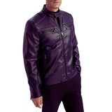 Close-up of purple leather biker jacket showing the snap-tab collar, front zipper and chest pocket