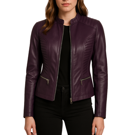 Women Slim Fit Biker Purple Leather Jacket