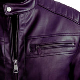Close-up of purple leather café racer jacket with quilted shoulder and zip chest pocket