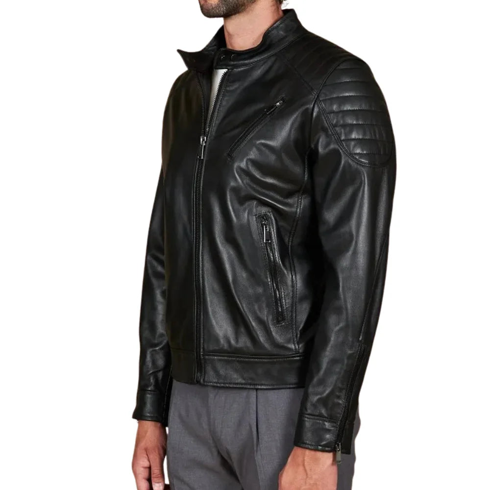 Men's Quilted Black Cafe Racer Leather Jacket
