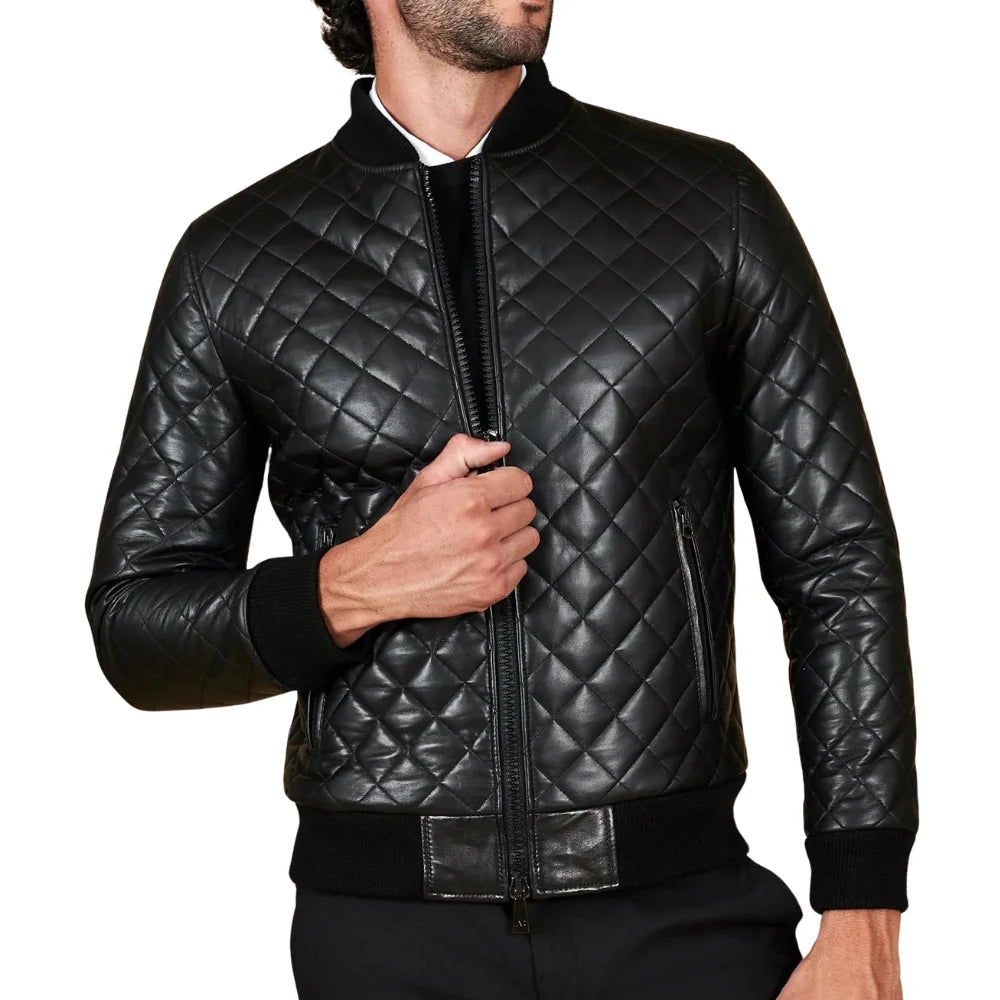 Men's Black Leather Bomber Diamond Quilted Jacket