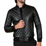 Men's Black Leather Bomber Diamond Quilted Jacket