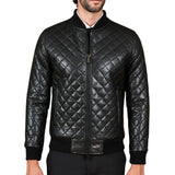 Men's Black Leather Bomber Diamond Quilted Jacket