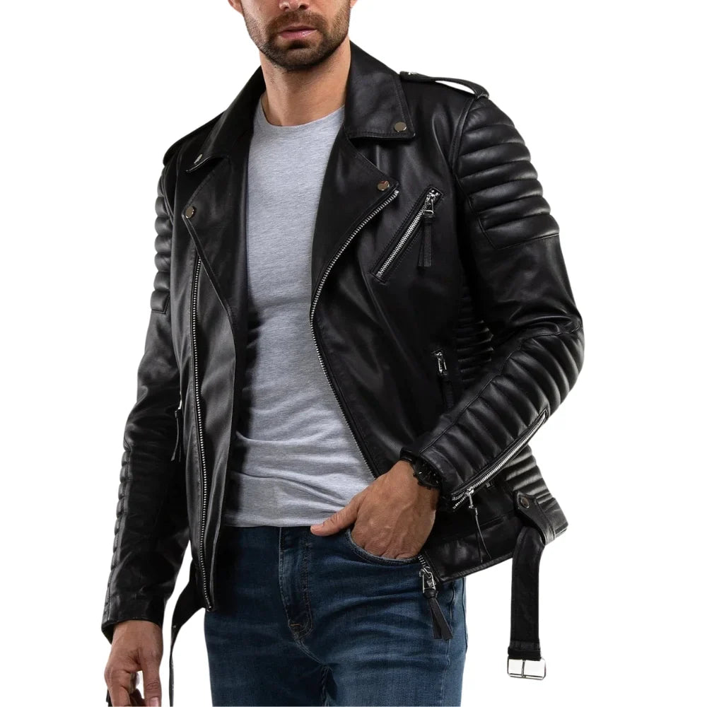 Men's Quilted Real Motorcycle Leather Jacket Black