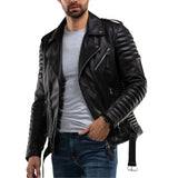 Men's Quilted Real Motorcycle Leather Jacket Black
