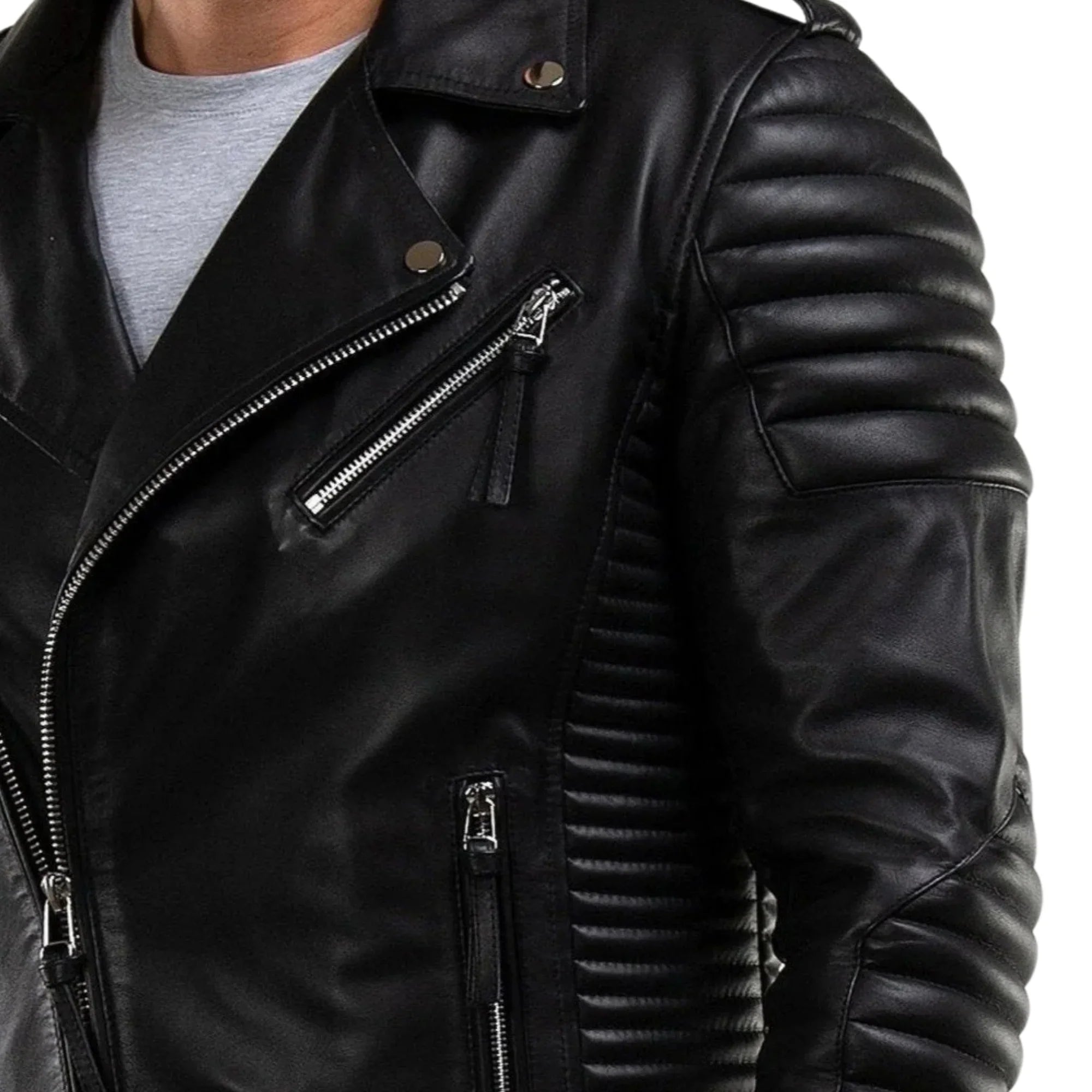 Men's Quilted Real Motorcycle Leather Jacket Black