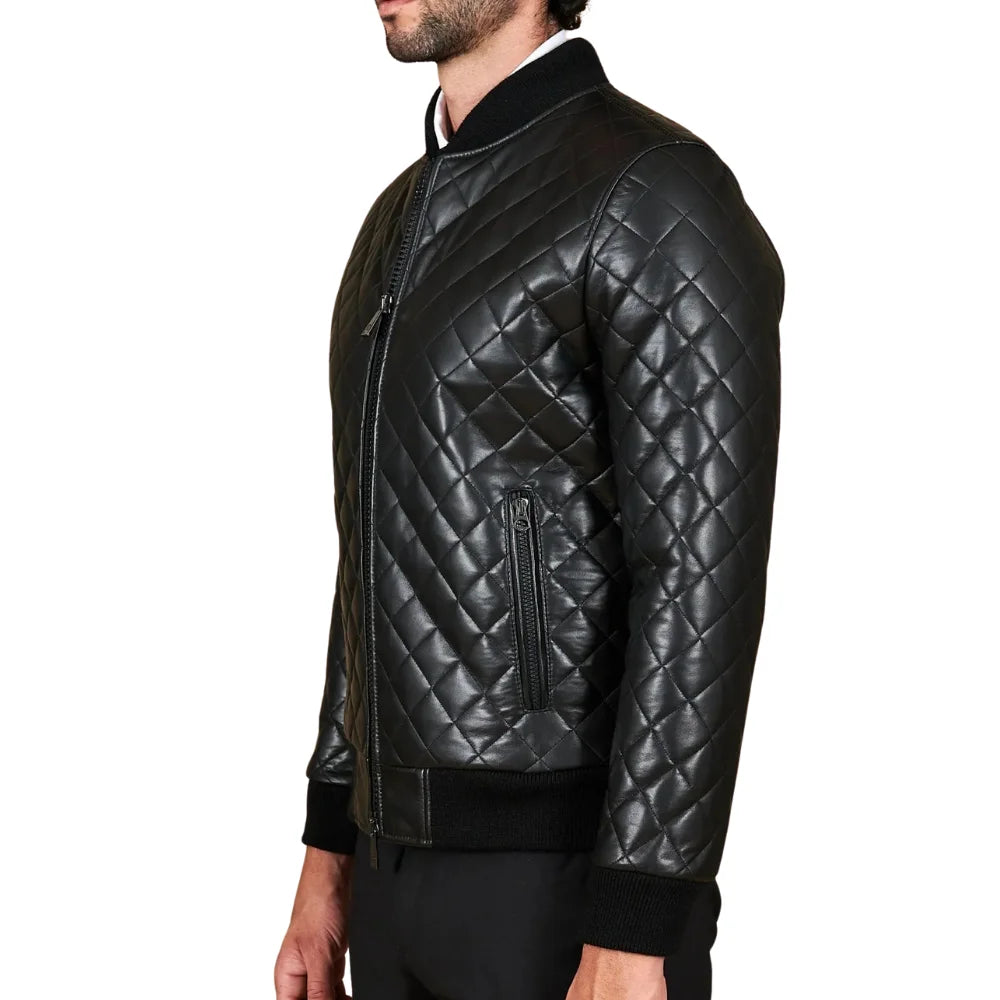 Men's Black Leather Bomber Diamond Quilted Jacket