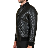 Men's Black Leather Bomber Diamond Quilted Jacket