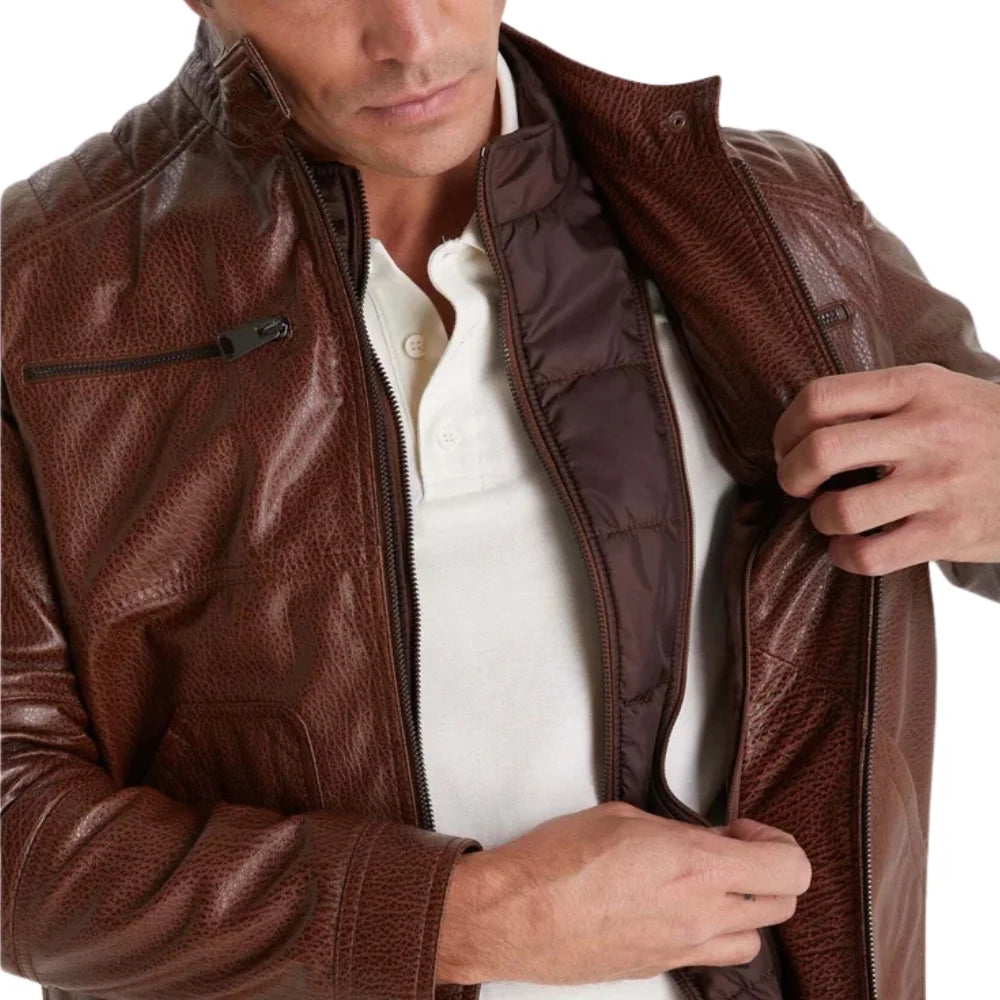 Mens Waxed Brown Quilted Leather Biker Jacket with Removable Vest