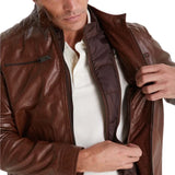 Mens Waxed Brown Quilted Leather Biker Jacket with Removable Vest