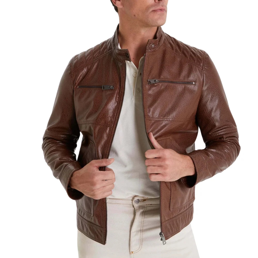 Mens Waxed Brown Quilted Leather Biker Jacket with Removable Vest