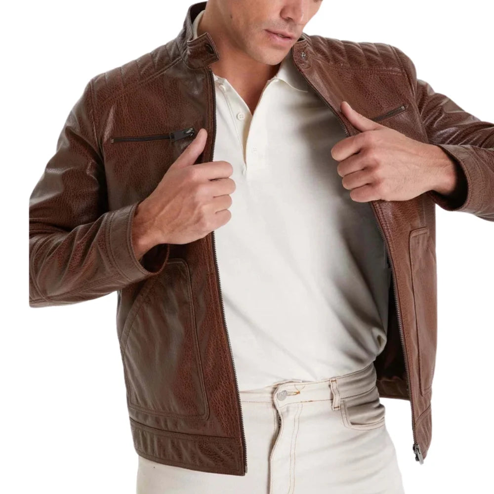Mens Waxed Brown Quilted Leather Biker Jacket with Removable Vest
