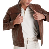 Mens Waxed Brown Quilted Leather Biker Jacket with Removable Vest