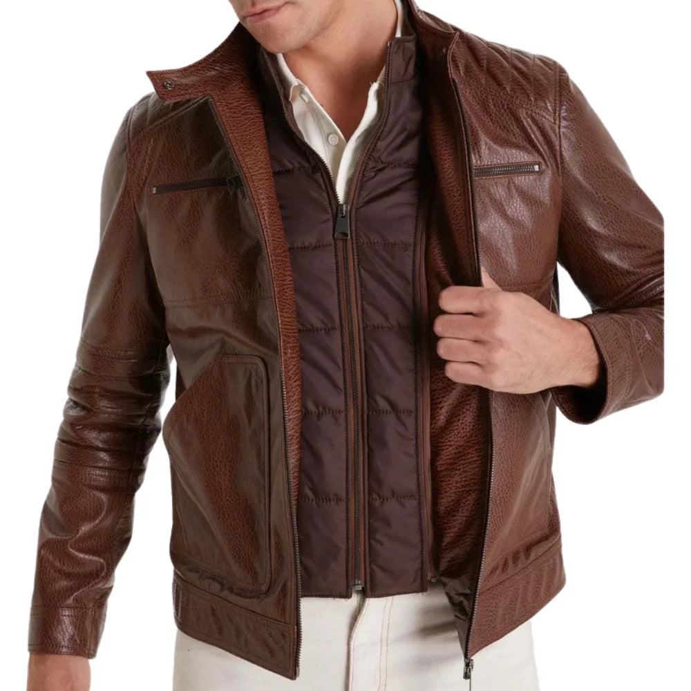 Mens Waxed Brown Quilted Leather Biker Jacket with Removable Vest