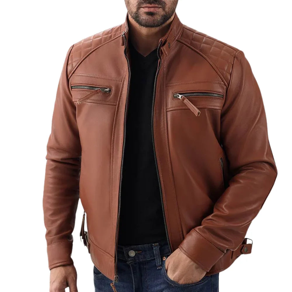Men's Cognac Brown Real Lambskin Biker Leather Jacket with Quilted Shoulders