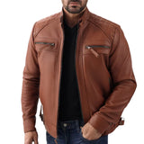 Men's Cognac Brown Real Lambskin Biker Leather Jacket with Quilted Shoulders