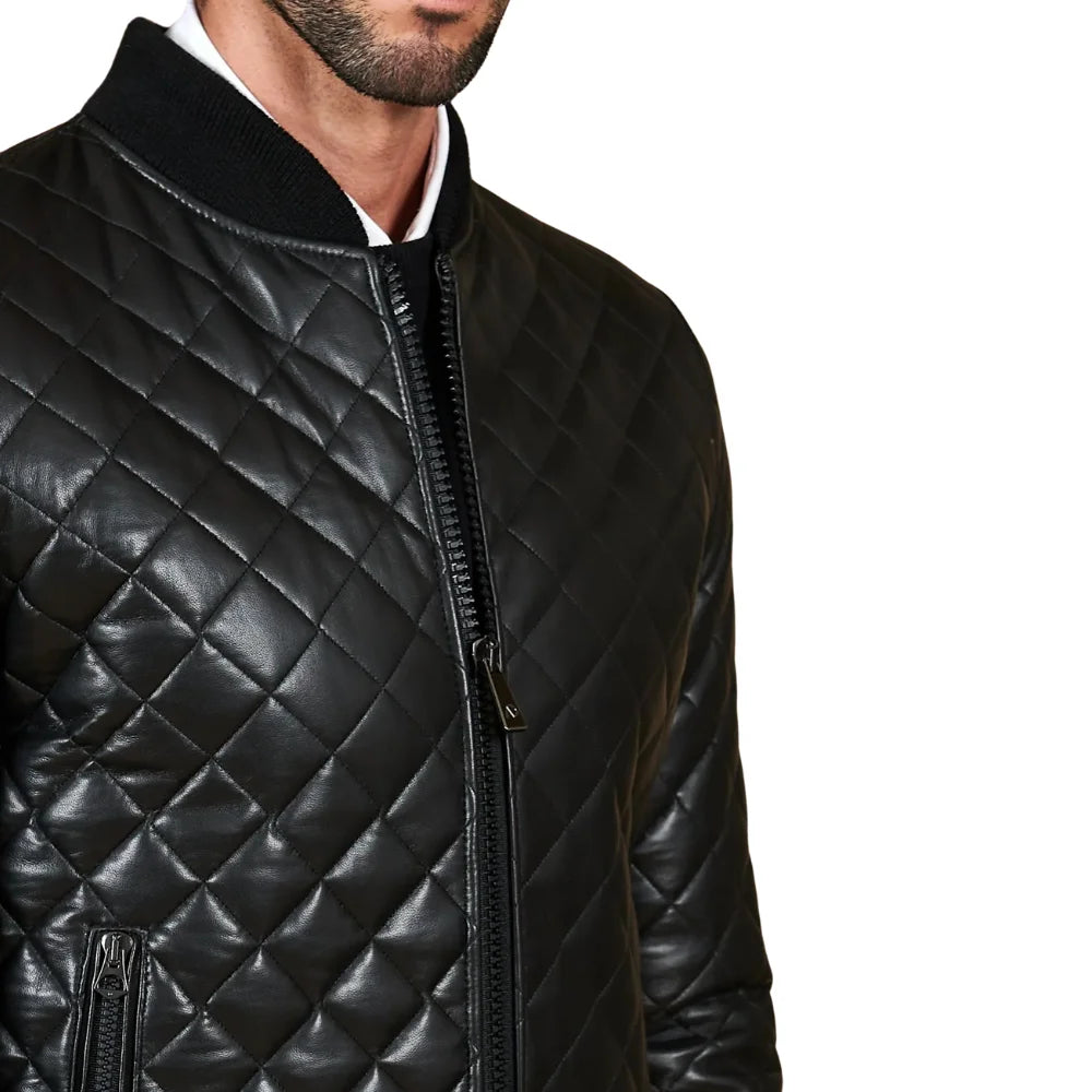 Men's Black Leather Bomber Diamond Quilted Jacket