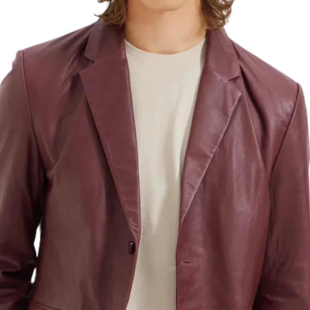 Men's Two Button Real Wine Red Leather Blazer Jacket