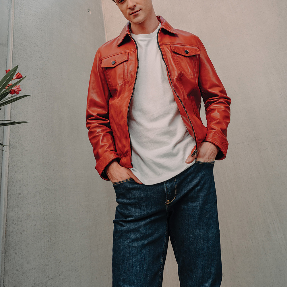 Mens Red Vintage Real Leather Trucker Jacket Mens