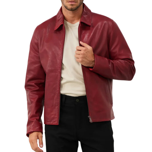 Men's Red Shirt Collar Leather Biker Jacket