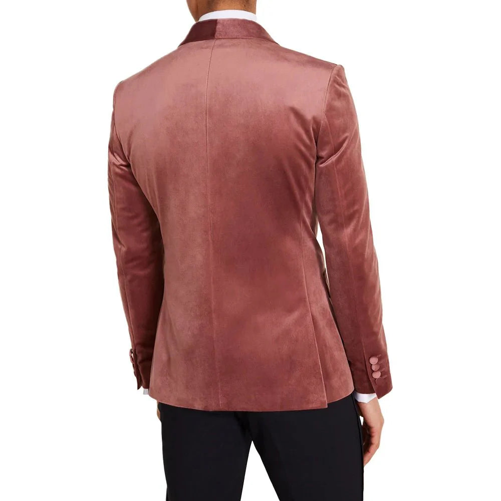 Rose pink velvet wedding tuxedo for men paired with black dress pants