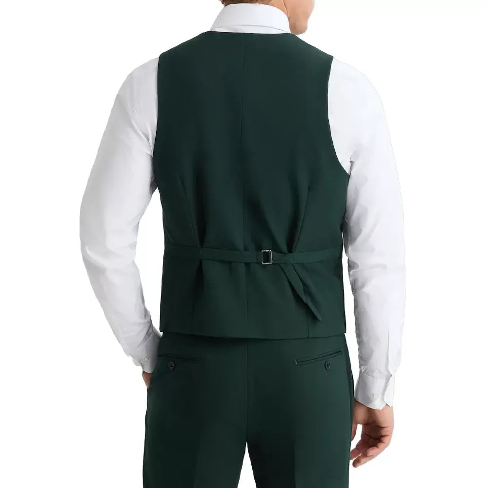 Back view of the royal green double-breasted waistcoat from the men's 3 piece suit, showcasing the adjustable back strap and tailored fit.