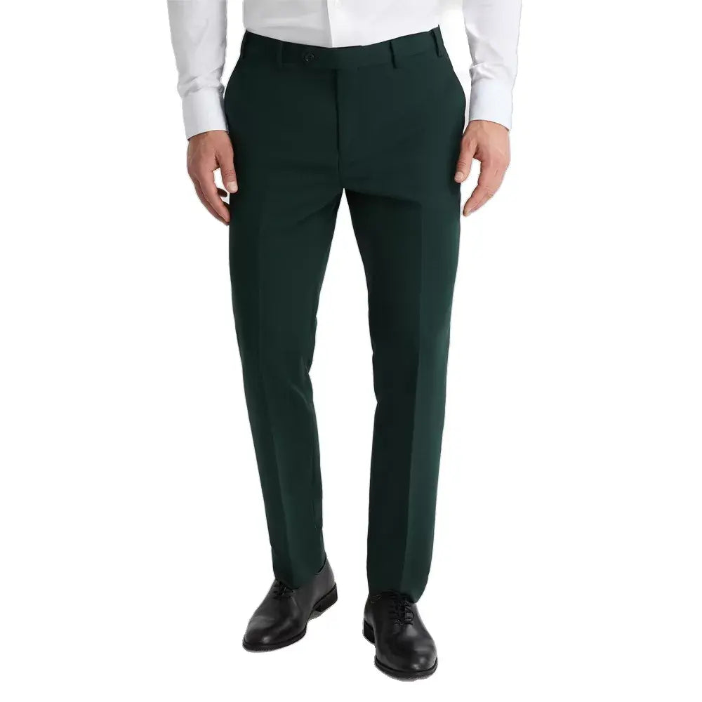 Royal green formal trousers with a flat front design crafted from premium suiting fabric.