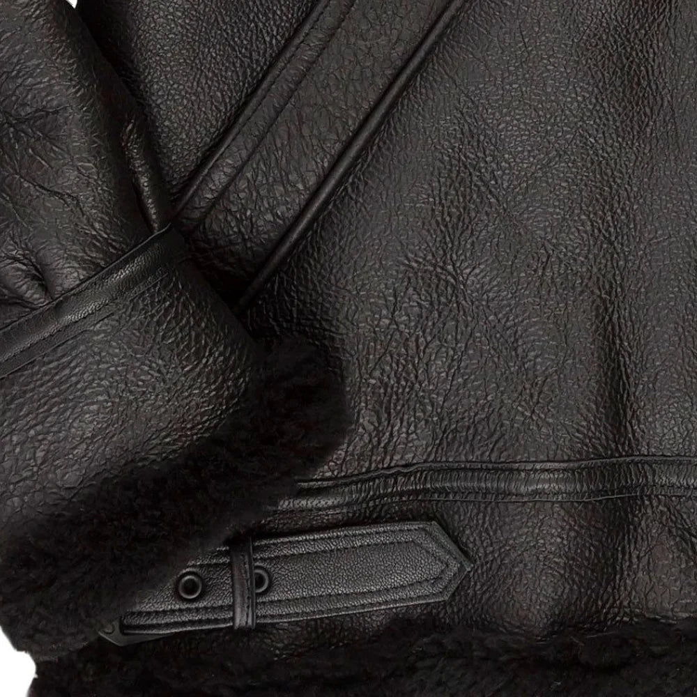 Mens Black Hooded B3 Shearling Aviator Leather Bomber Jacket