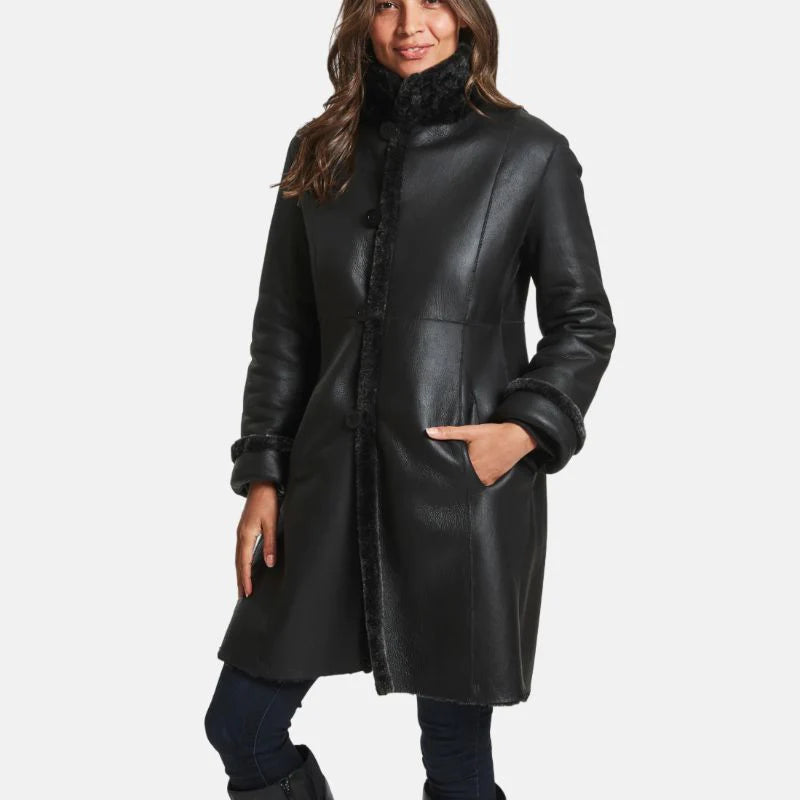 Victoria Womens Black Leather Shearling Winter Coat