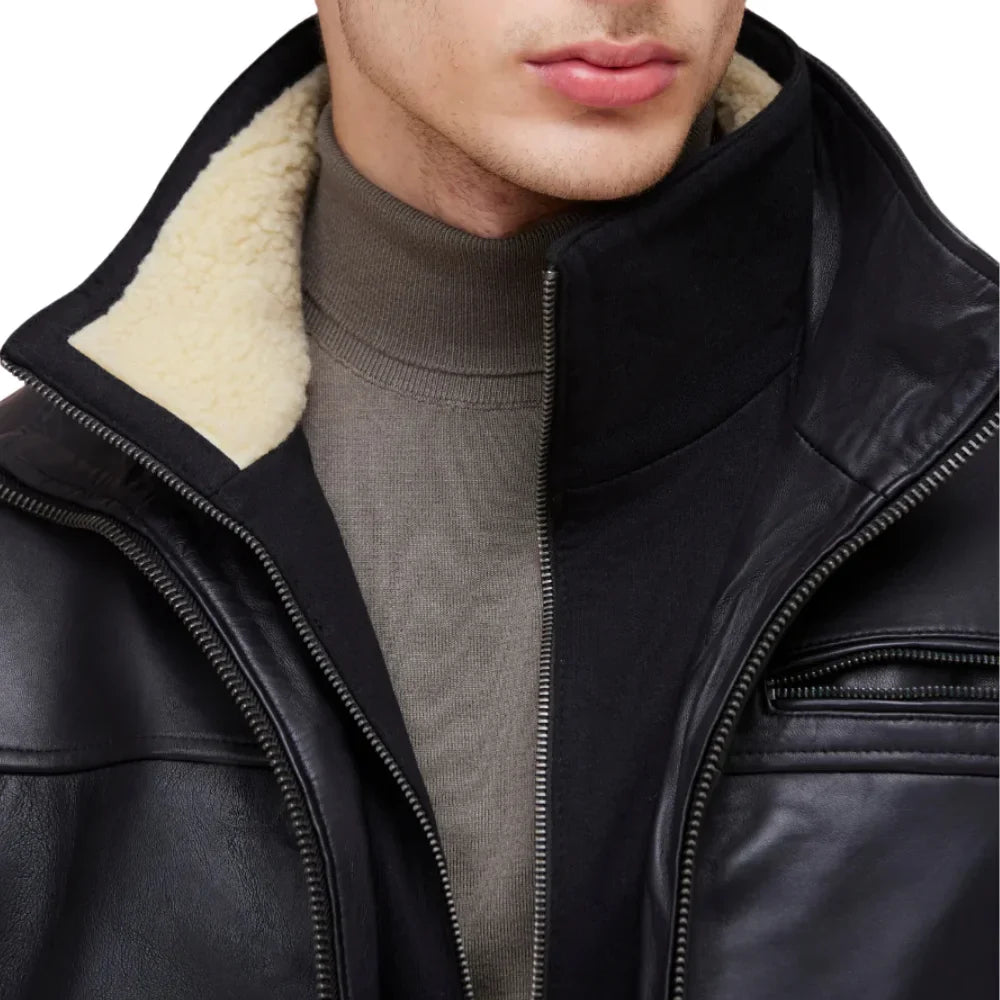 Men’s Black Genuine Lamb Leather Jacket with Detachable Vest