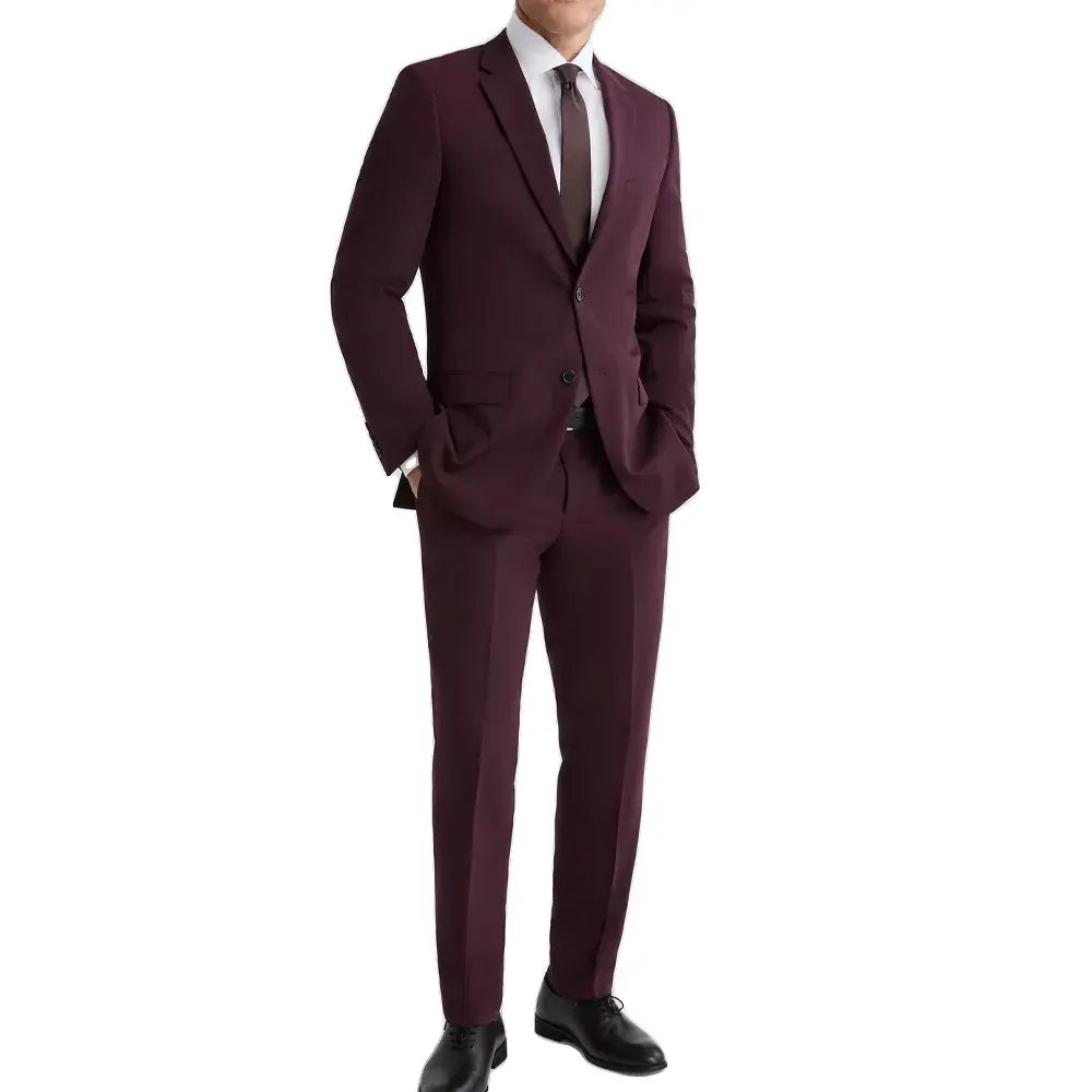 Slim Fit 3 Piece Maroon Peak Lapel Suit for men featuring a tailored blazer, matching vest, and formal trousers.