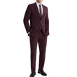 Slim Fit 3 Piece Maroon Peak Lapel Suit for men featuring a tailored blazer, matching vest, and formal trousers.