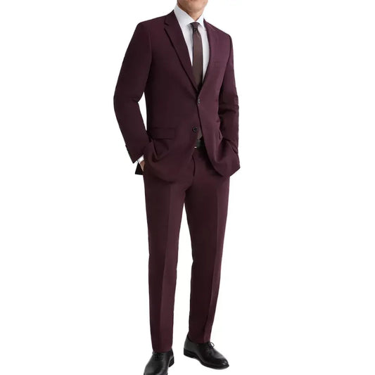 Slim Fit 3 Piece Maroon Peak Lapel Suit for men featuring a tailored blazer, matching vest, and formal trousers.