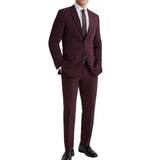 Slim Fit 3 Piece Maroon Peak Lapel Suit for men featuring a tailored blazer, matching vest, and formal trousers.