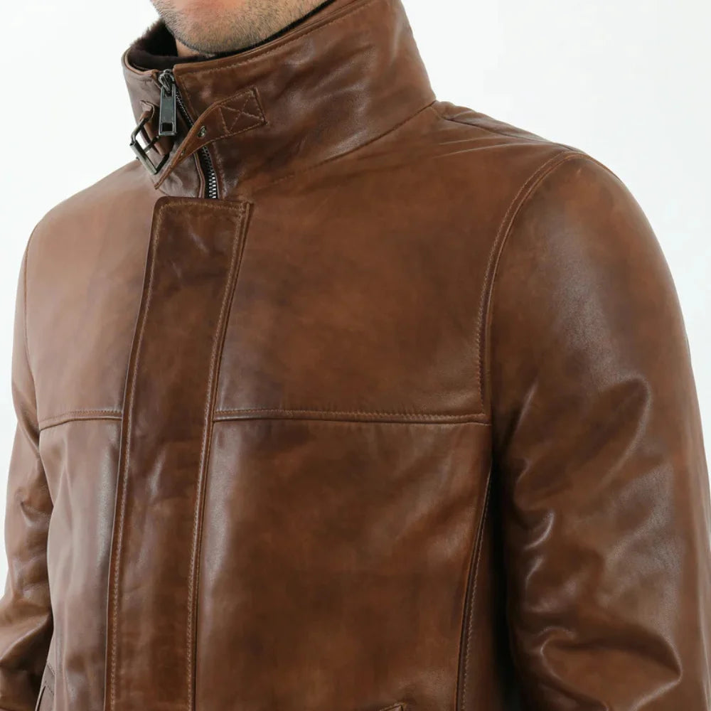 Men’s Cognac Brown Leather Jacket with Stand Collar