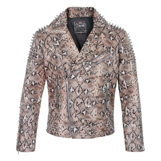 Men's Python Print Motorcycle Genuine Leather Spiked Jacket
