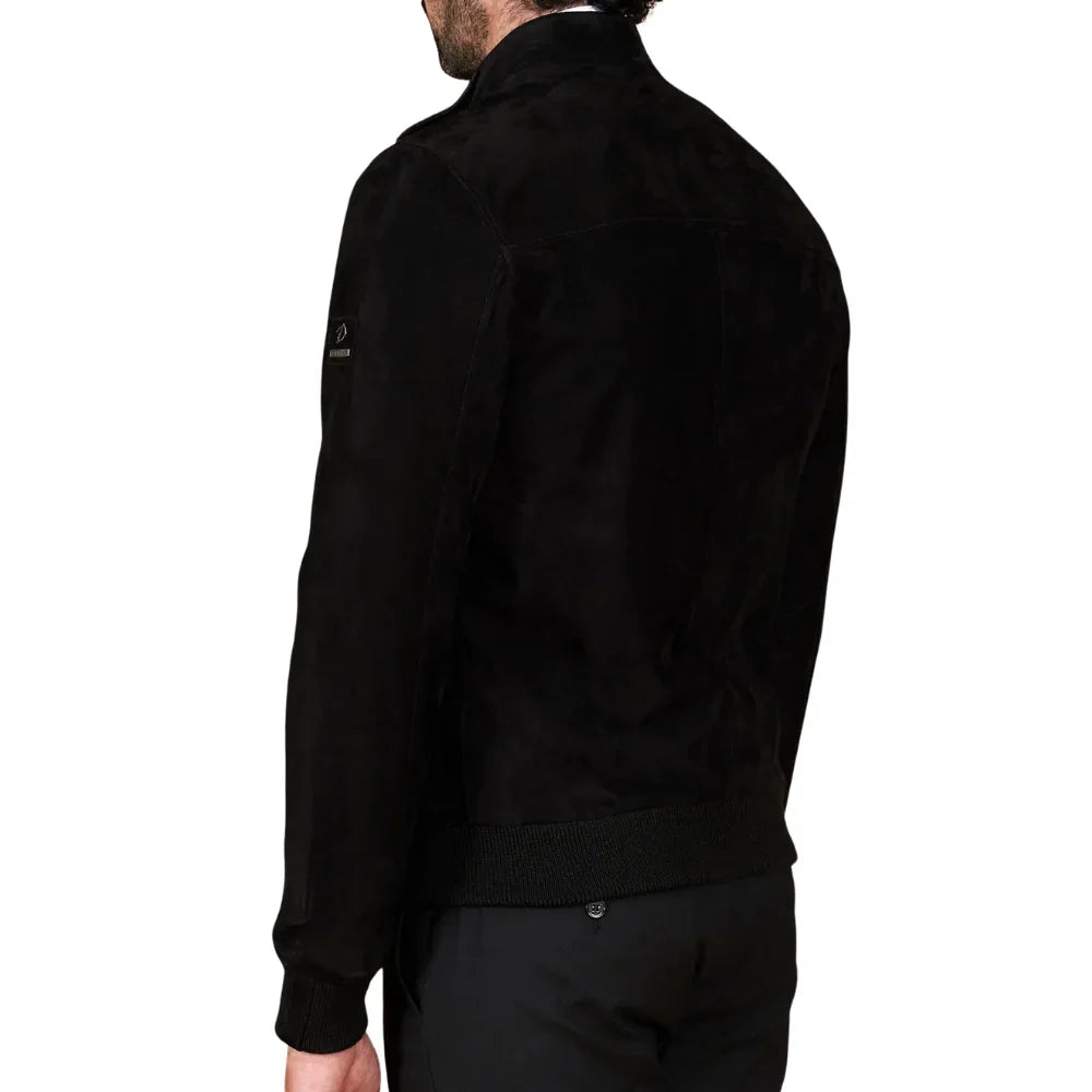 Mens Sheepskin Black Suede Leather Bomber Jacket