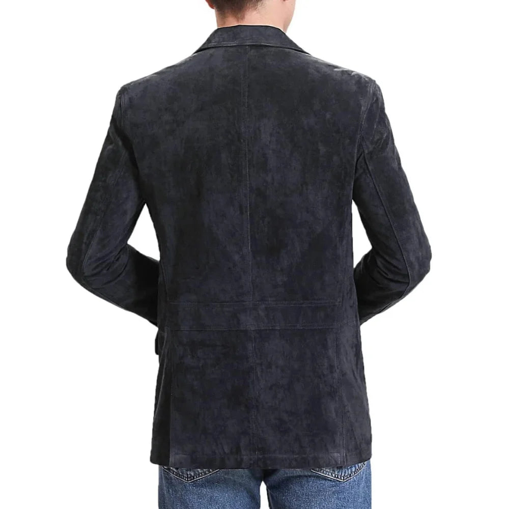 Men’s Blue Calf Suede Leather Blazer with Notch Lapel