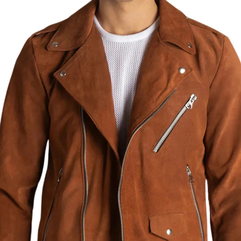Men's Tobacco Brown Suede Leather Biker Jacket