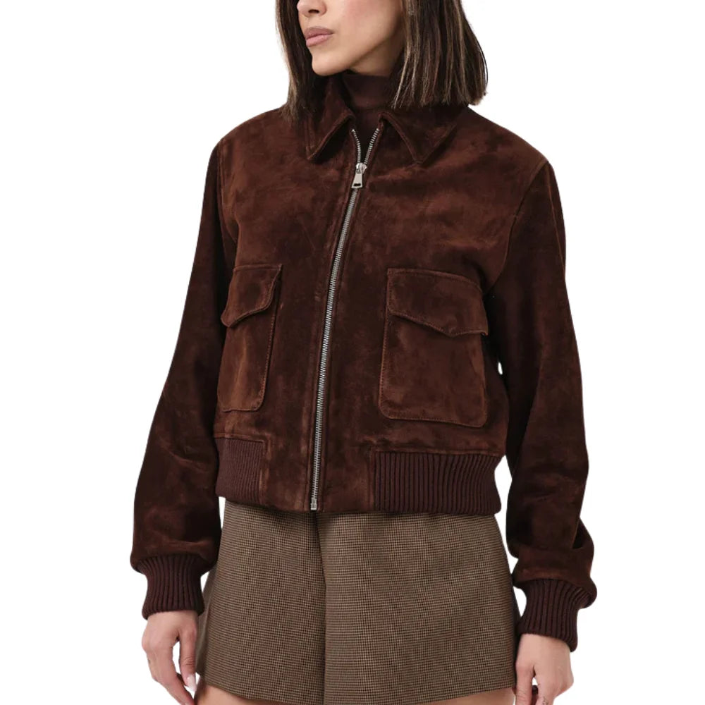 Womens Camel Lauren Brown Suede Bomber Jacket