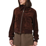 Womens Camel Lauren Brown Suede Bomber Jacket