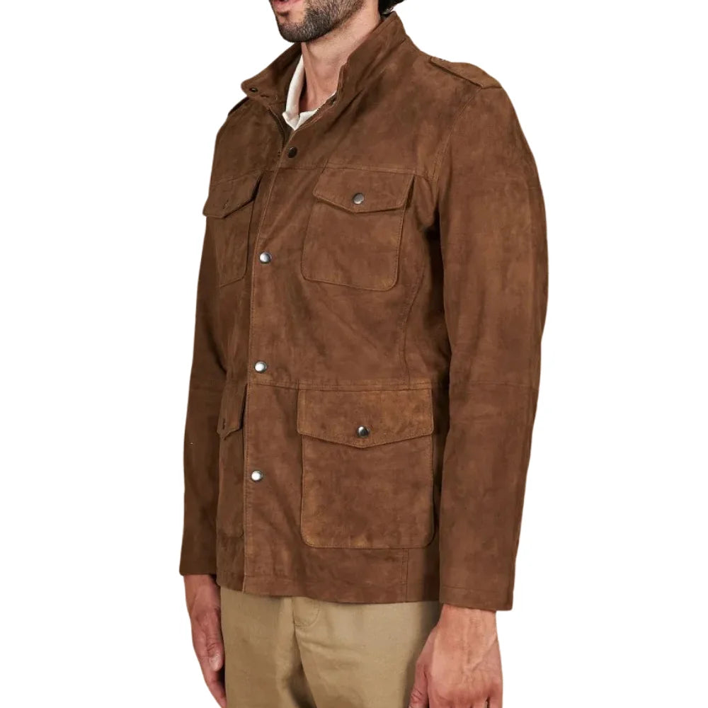Men's Sahara Brown Suede Leather Coat With Patch Pockets